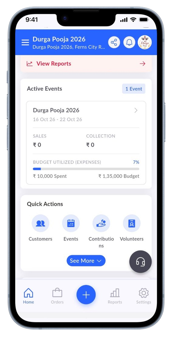 The community event dashboard tracks collections, spend and budget in one view