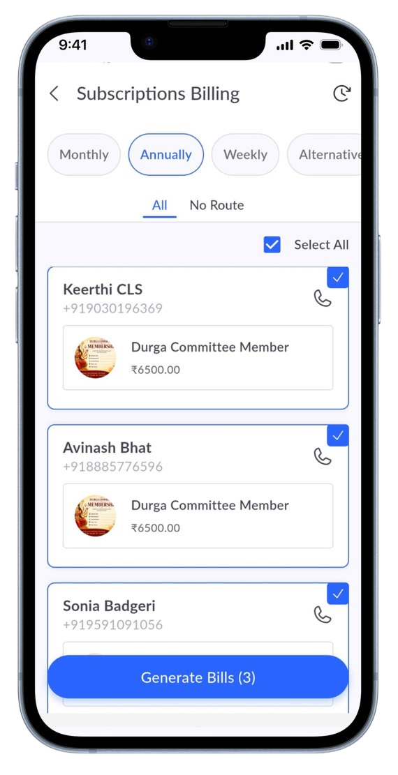 Generate subscription bills for all your customers in a couple of taps